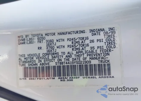 2000 Toyota Tundra Sr5 V8 z USA, uszkodzony, nr VIN 5TBBT4419YS021909